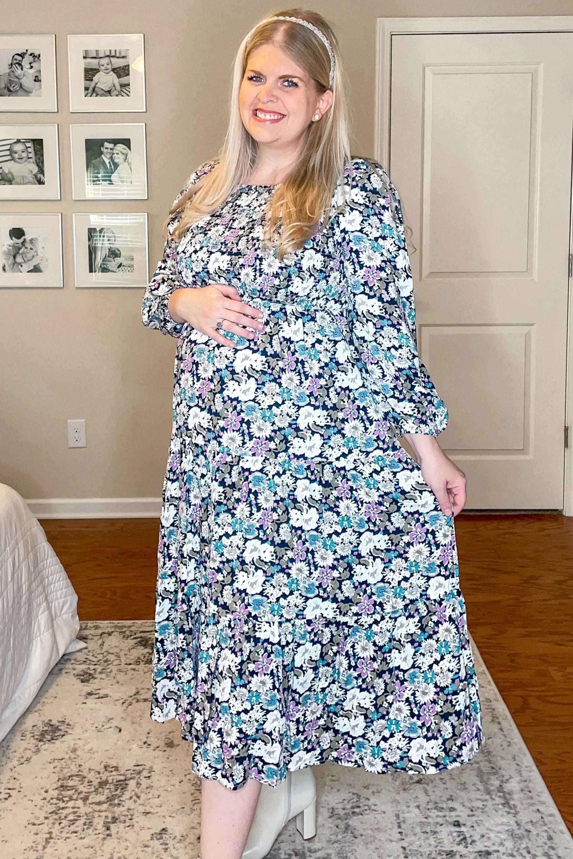 PinkBlush Elegant Floral Maternity Midi Dress with Side Pockets for Expecting Moms - Apparel & Accessories > Clothing > Dresses