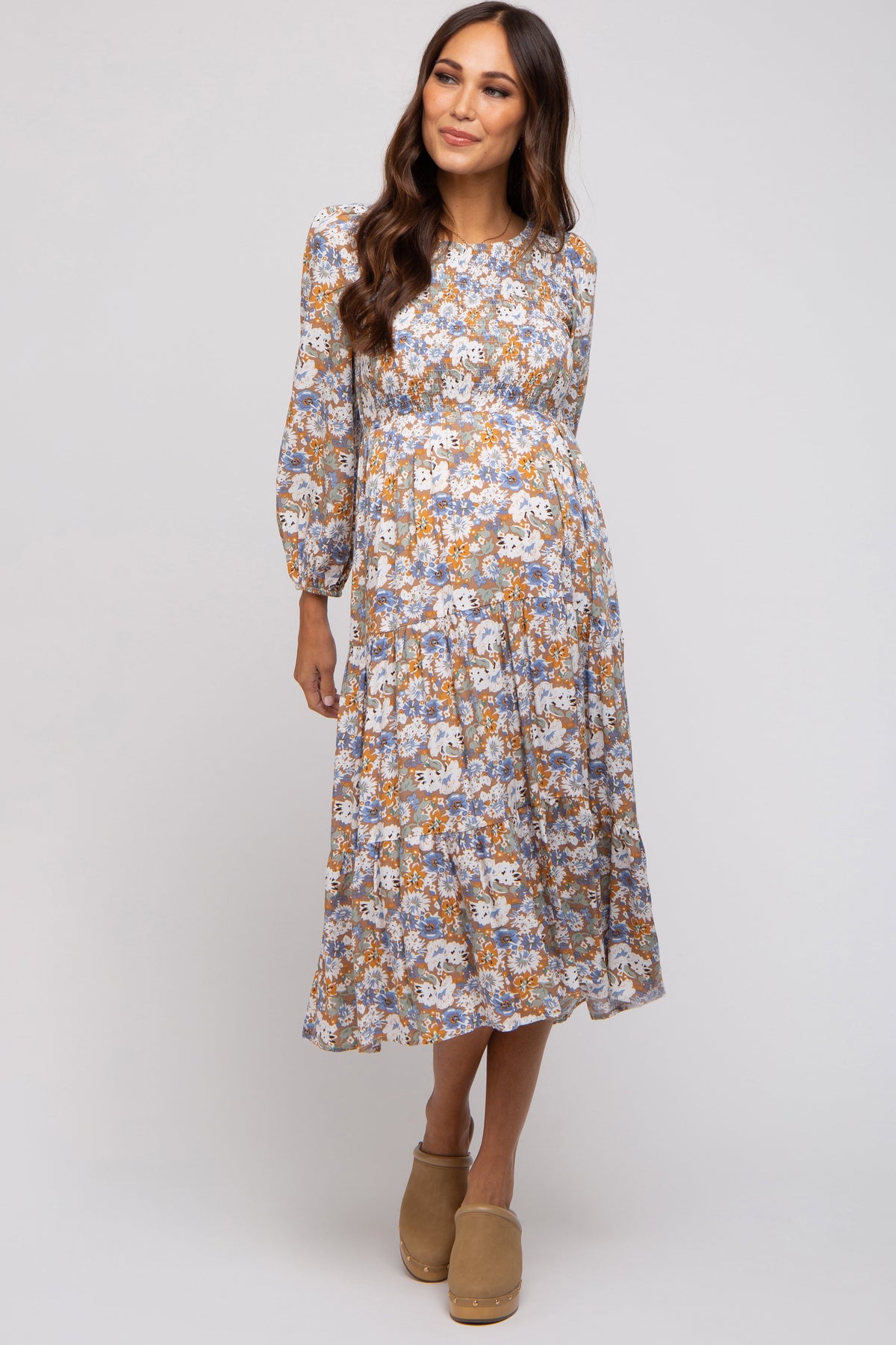 Taupe Floral Smocked Tiered Maternity Midi Dress by PinkBlush