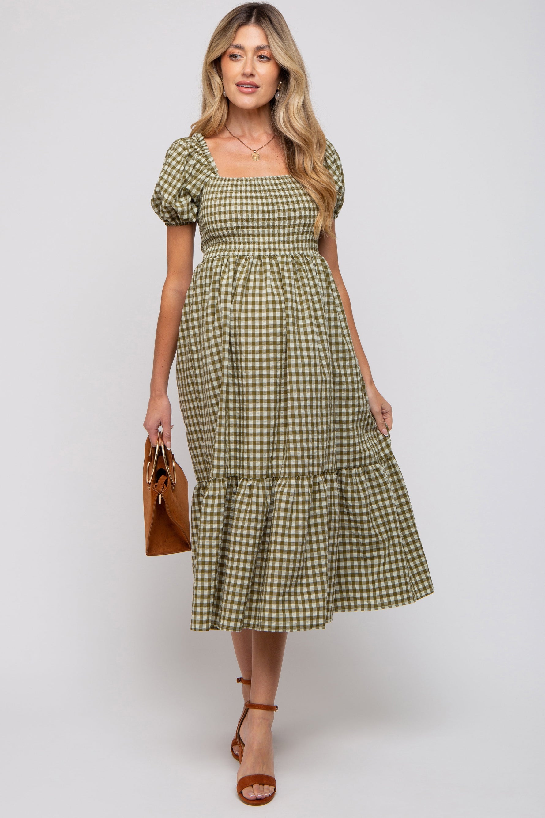 Olive Gingham Smocked Maternity Midi Dress by PinkBlush at Everetts Place