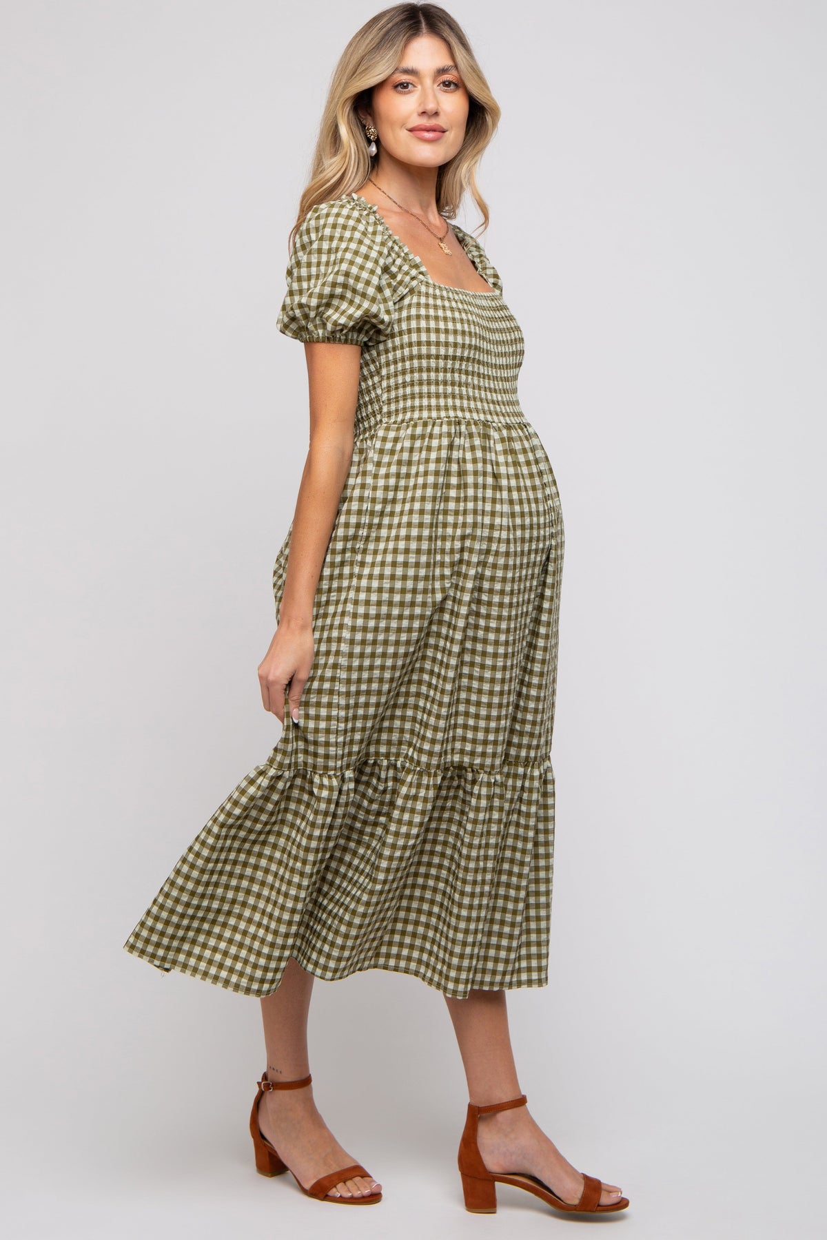 Olive Gingham Smocked Maternity Midi Dress by PinkBlush at Everetts Place