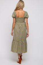 Olive Gingham Smocked Maternity Midi Dress by PinkBlush at Everetts Place