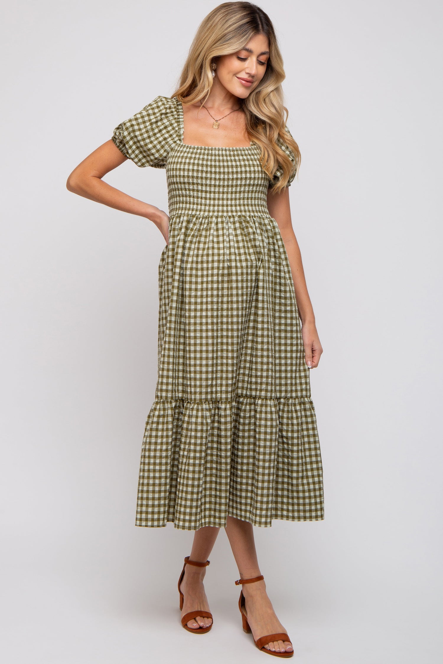 Olive Gingham Smocked Maternity Midi Dress by PinkBlush at Everetts Place
