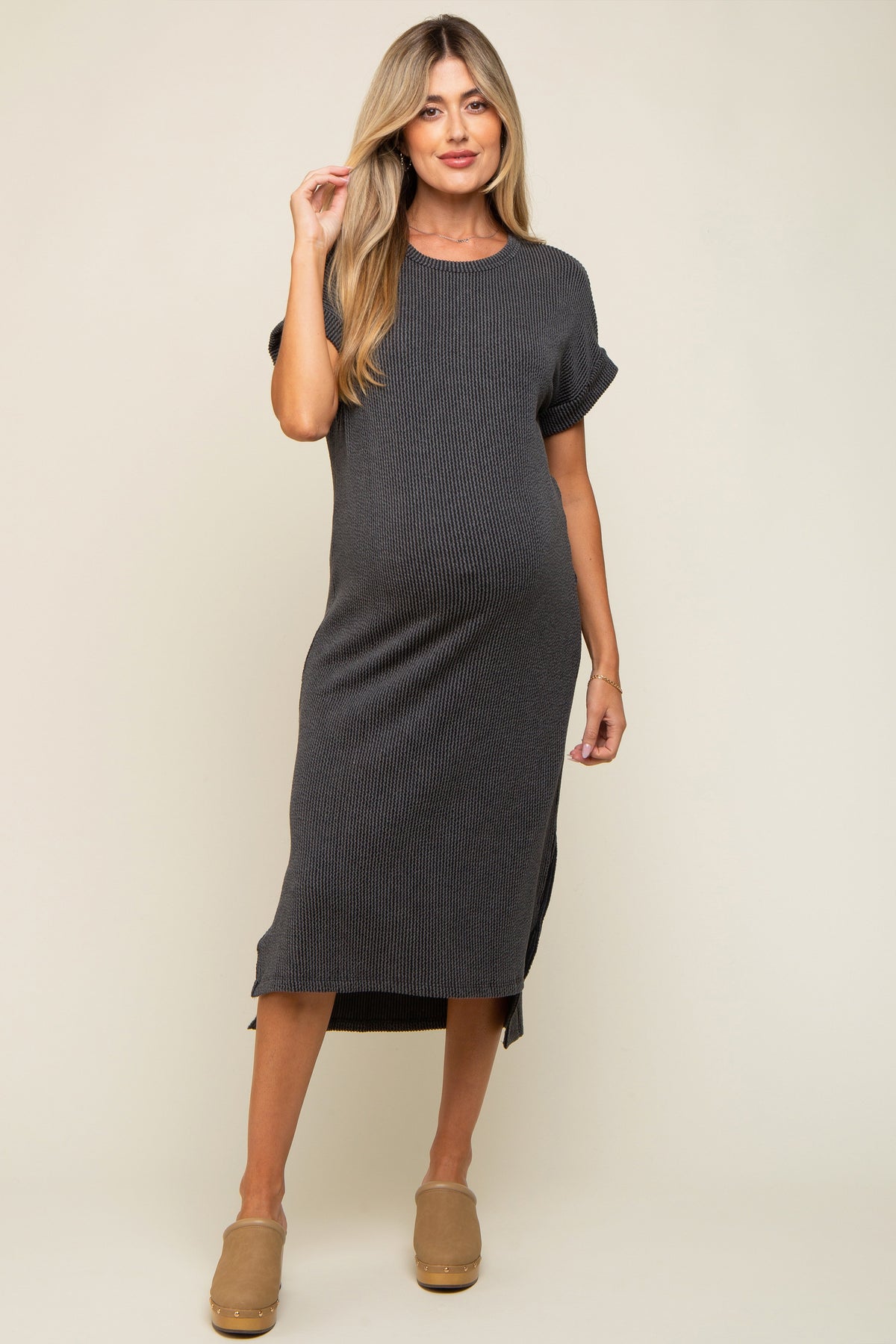 Charcoal Ribbed Short Sleeve Maternity Midi Dress by PinkBlush at Everetts Place