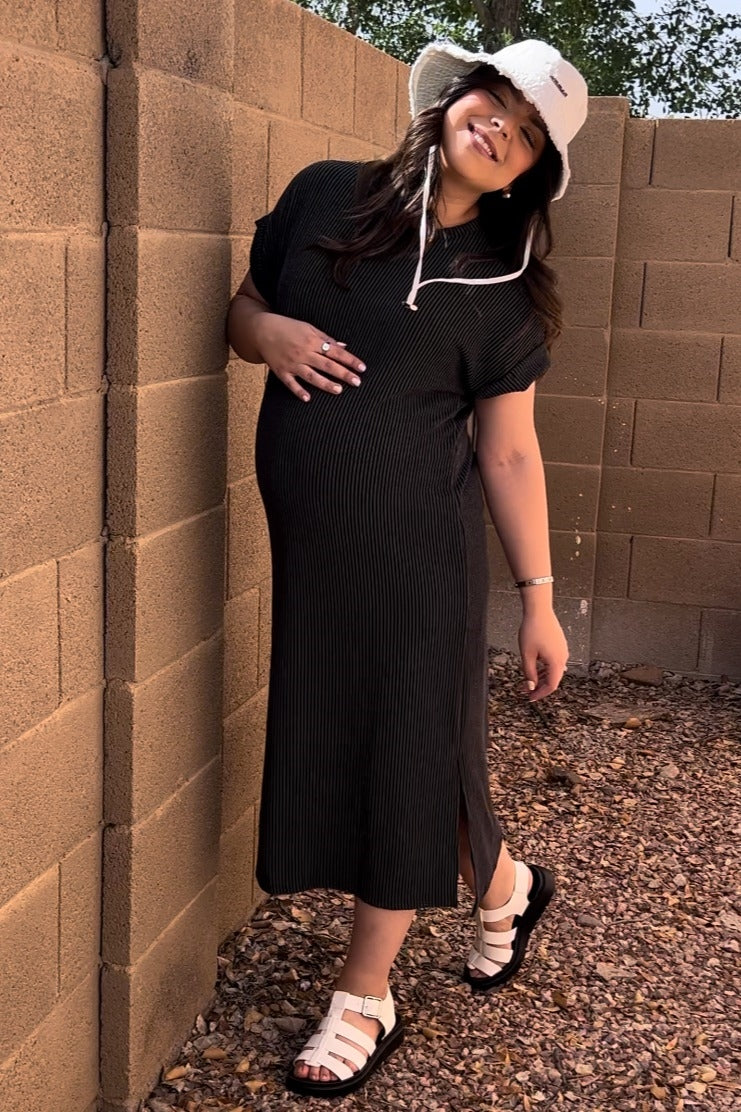 Charcoal Ribbed Short Sleeve Maternity Midi Dress by PinkBlush at Everetts Place