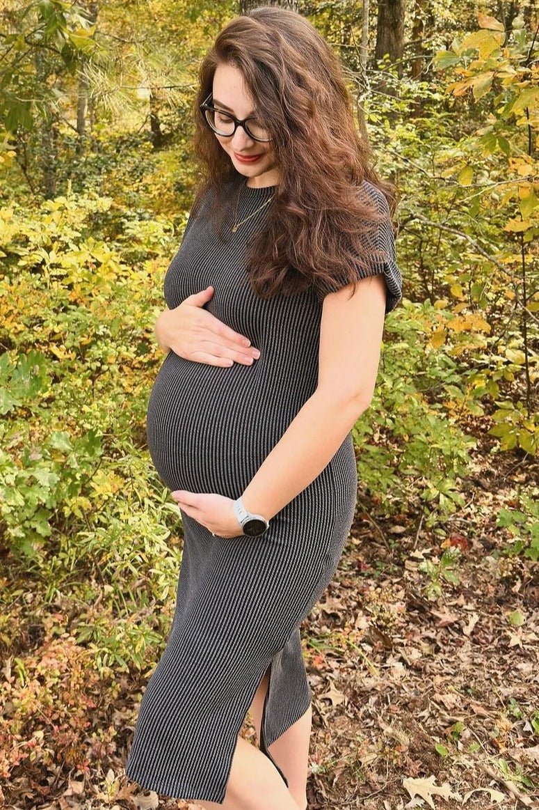 Charcoal Ribbed Short Sleeve Maternity Midi Dress by PinkBlush at Everetts Place