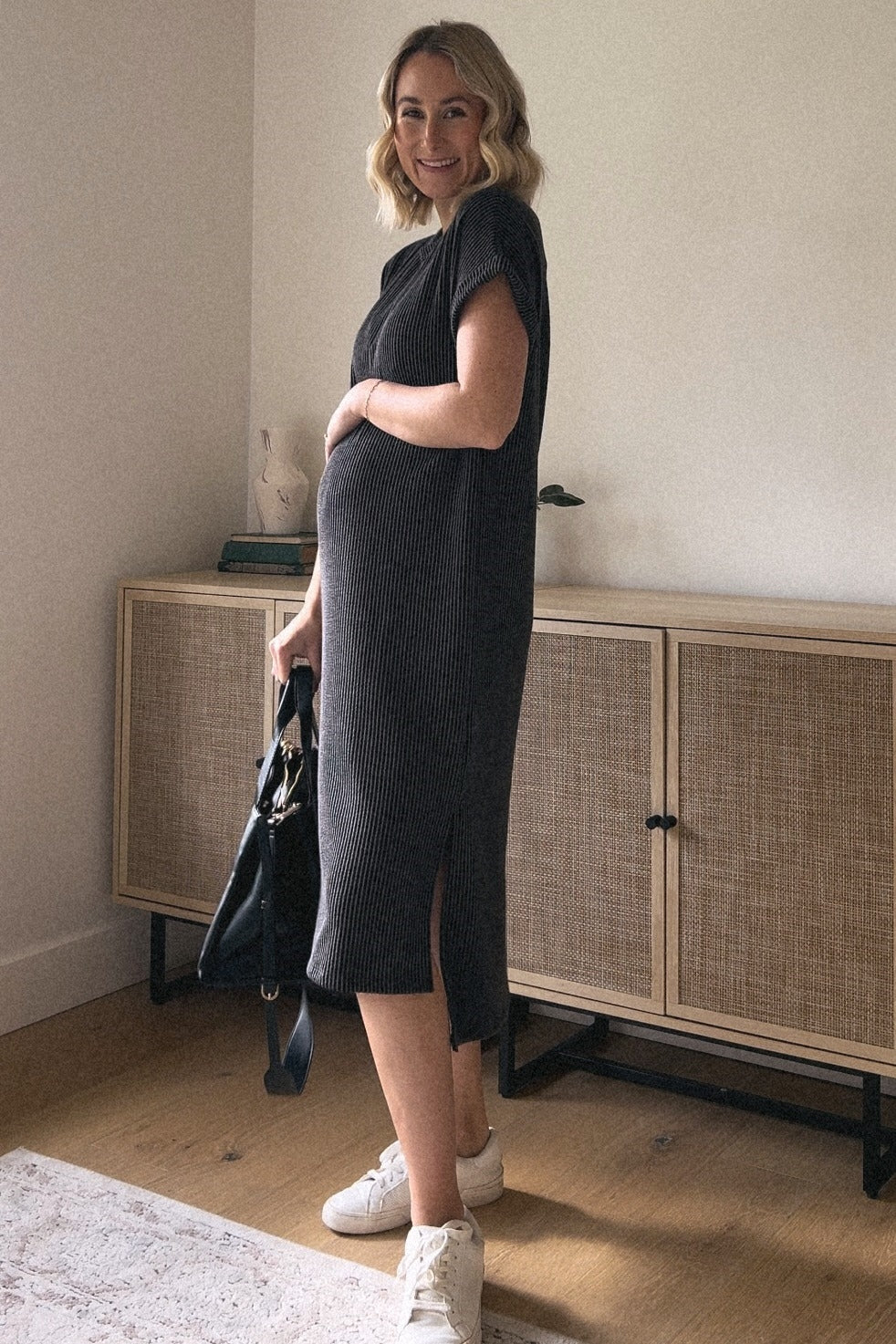 Charcoal Ribbed Short Sleeve Maternity Midi Dress by PinkBlush at Everetts Place