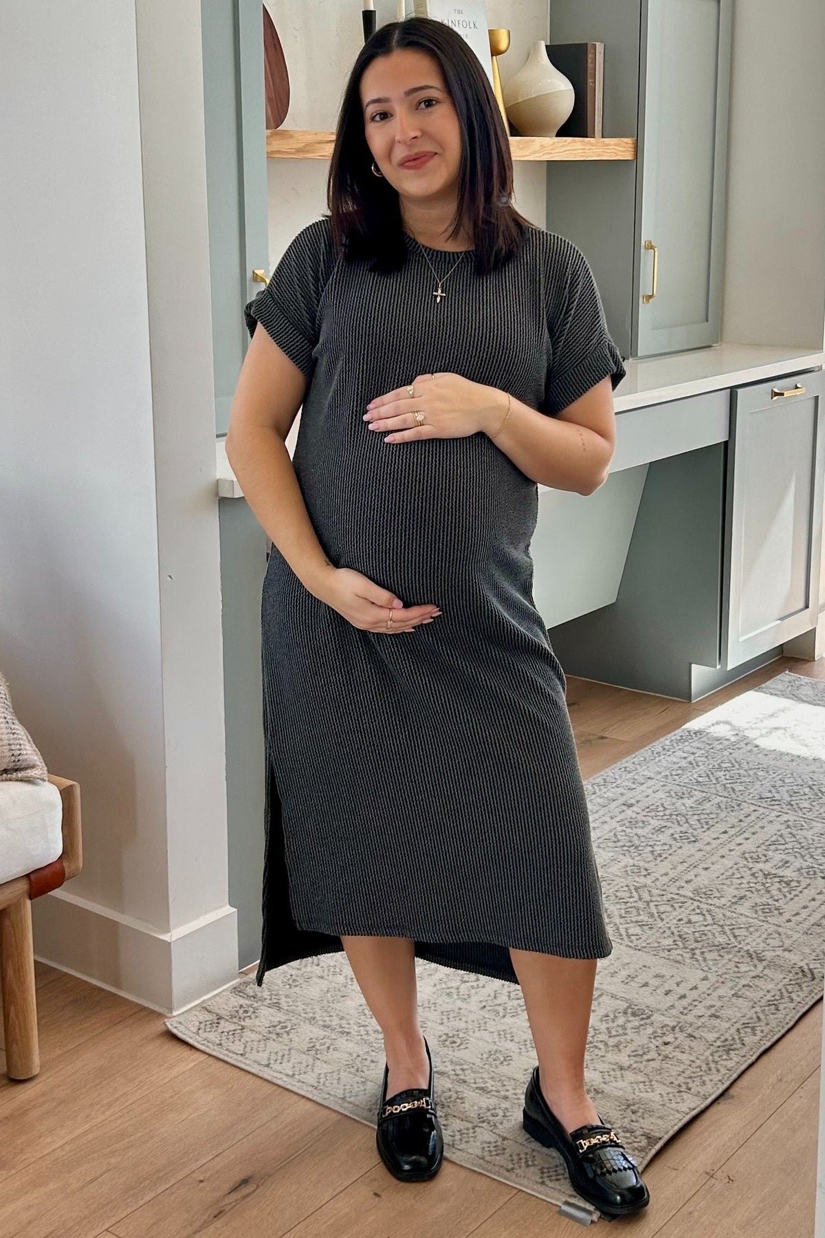 Charcoal Ribbed Short Sleeve Maternity Midi Dress by PinkBlush at Everetts Place