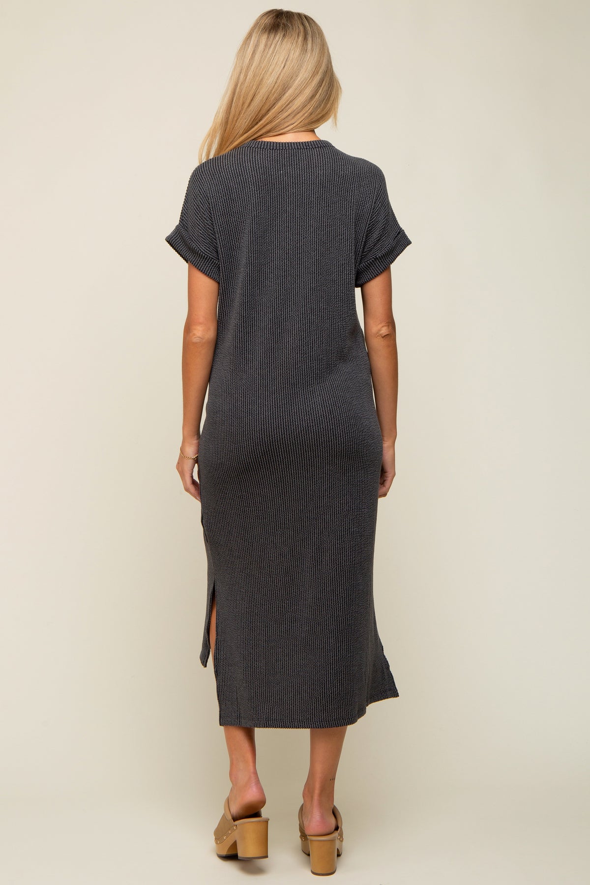 Charcoal Ribbed Short Sleeve Maternity Midi Dress by PinkBlush at Everetts Place