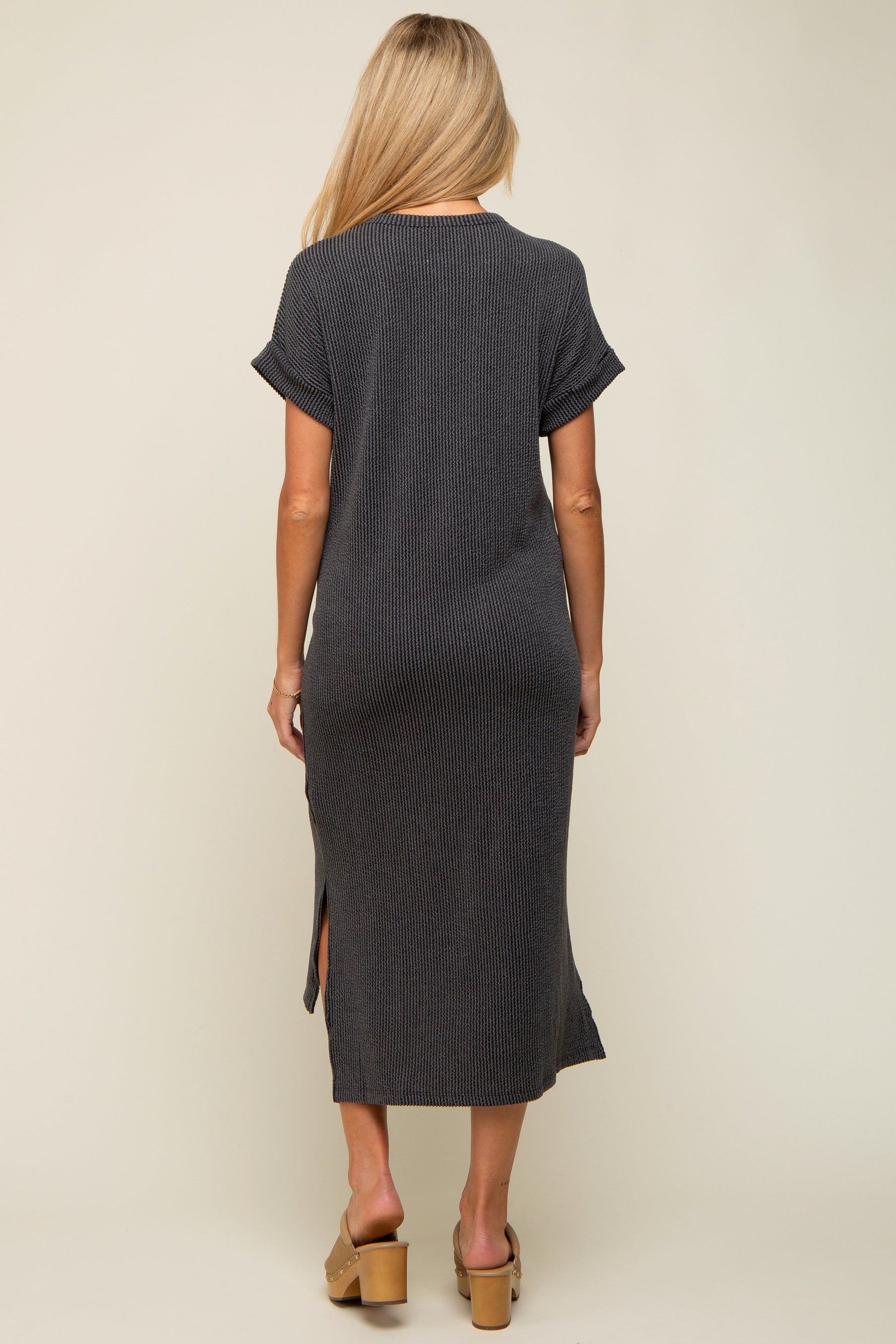 Charcoal Ribbed Short Sleeve Maternity Midi Dress by PinkBlush at Everetts Place