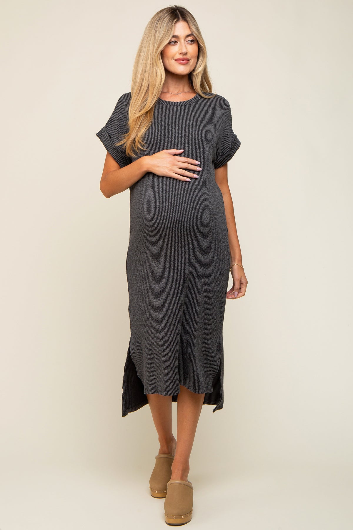Charcoal Ribbed Short Sleeve Maternity Midi Dress by PinkBlush at Everetts Place