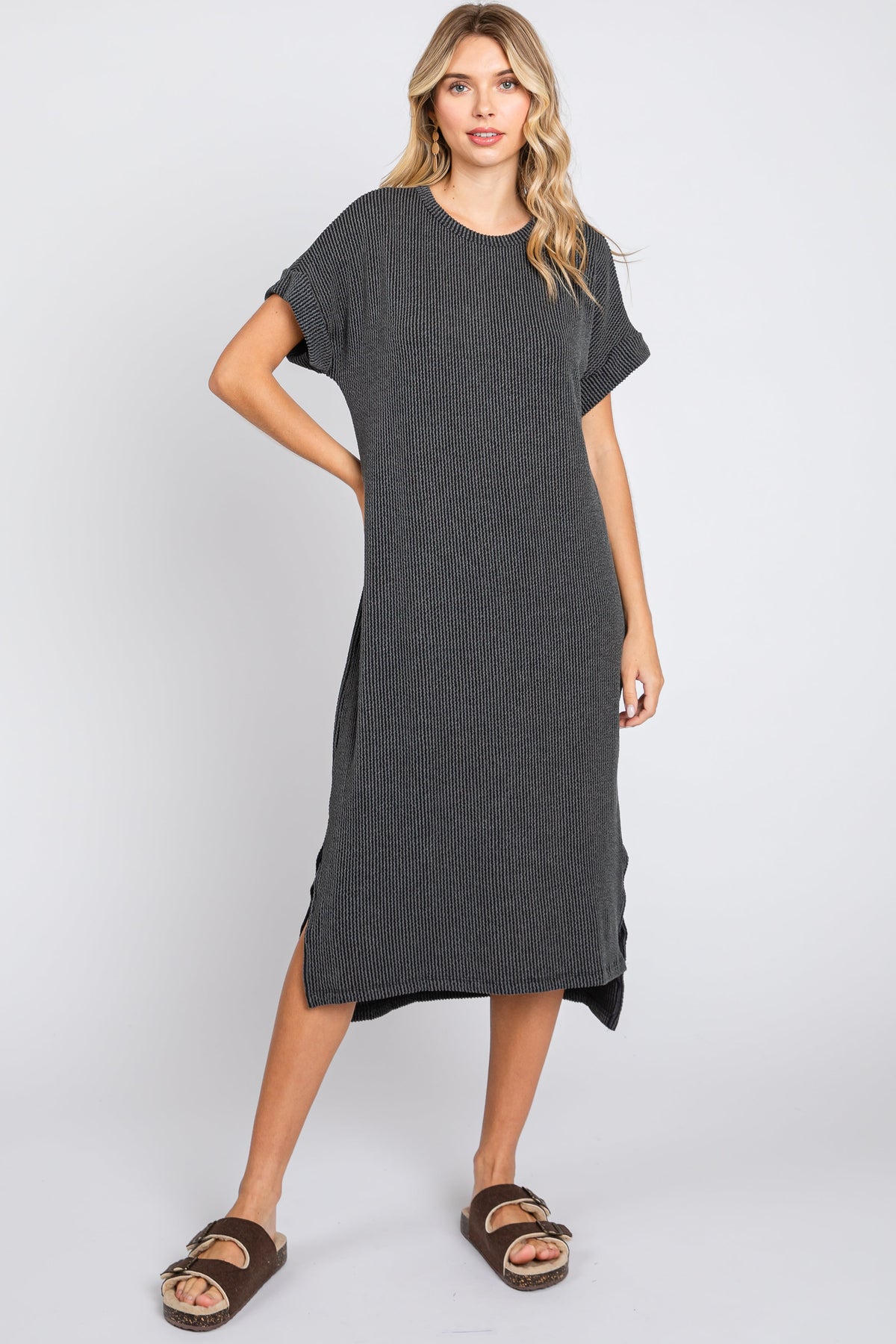 Charcoal Ribbed Short Sleeve Maternity Midi Dress by PinkBlush at Everetts Place