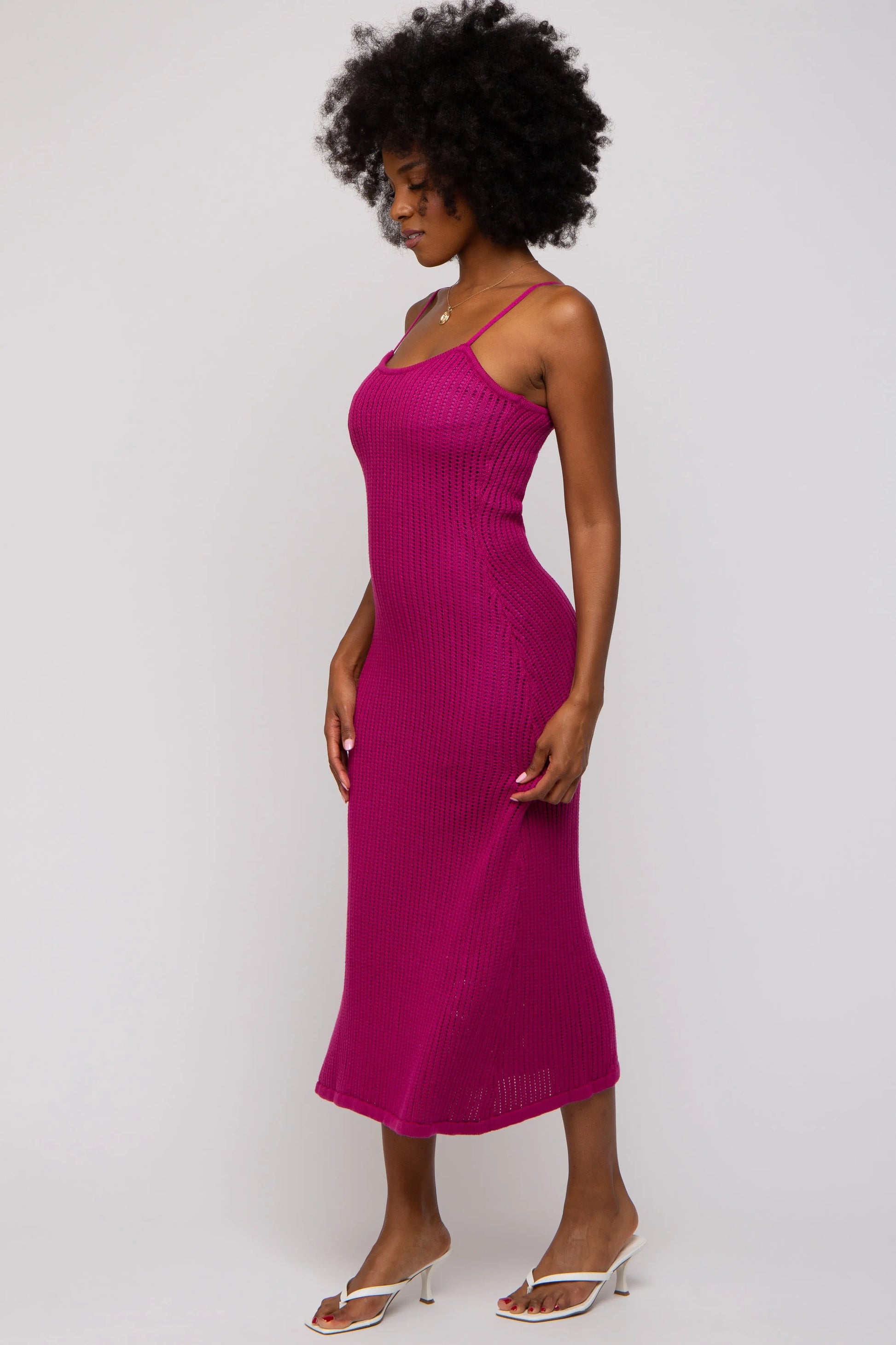 PinkBlush Magenta Open Knit Crochet Midi Dress with Adjustable Straps for Summer Fashion - Apparel & Accessories > Clothing > Dresses