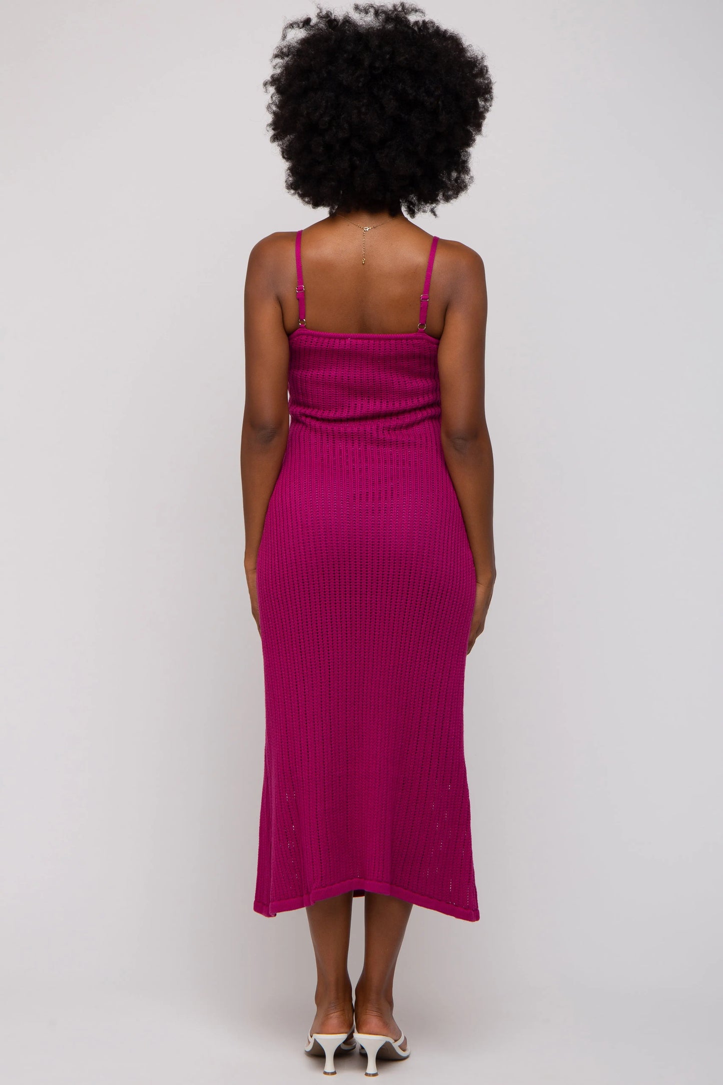 PinkBlush Magenta Open Knit Crochet Midi Dress with Adjustable Straps for Summer Fashion - Apparel & Accessories > Clothing > Dresses