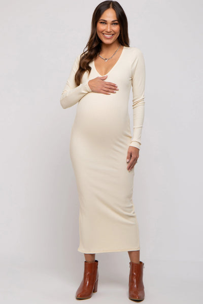 Elegant Cream Ribbed Maternity Maxi Dress with V Neckline for Moms-to-Be