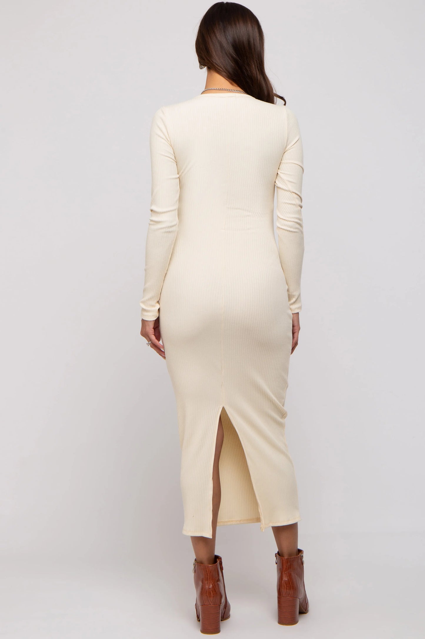 PinkBlush Elegant Cream Ribbed Maternity Maxi Dress with V Neckline for Moms-to-Be - Apparel & Accessories > Clothing > Dresses