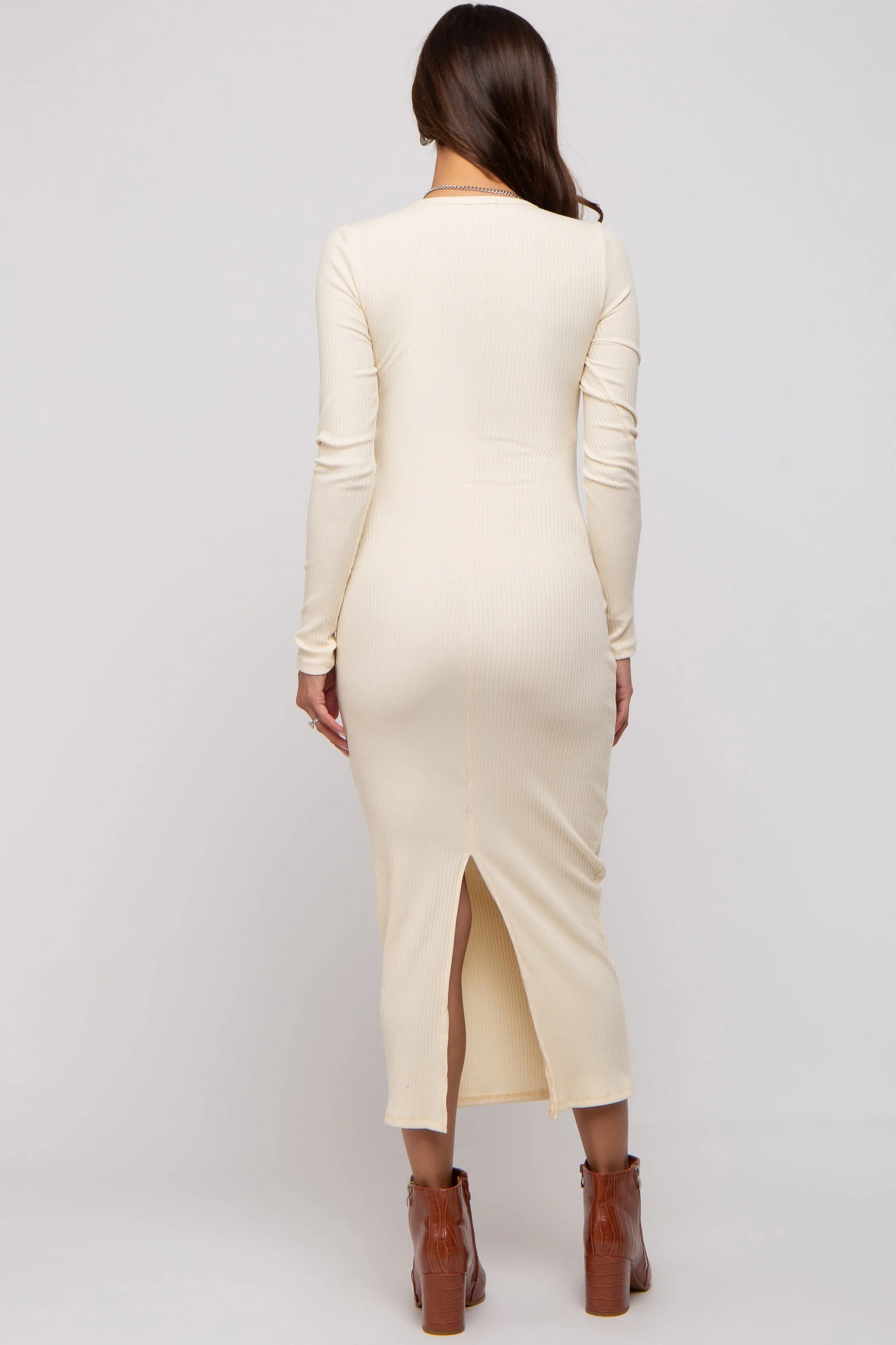 PinkBlush Elegant Cream Ribbed Maternity Maxi Dress with V Neckline for Moms-to-Be - Apparel & Accessories > Clothing > Dresses