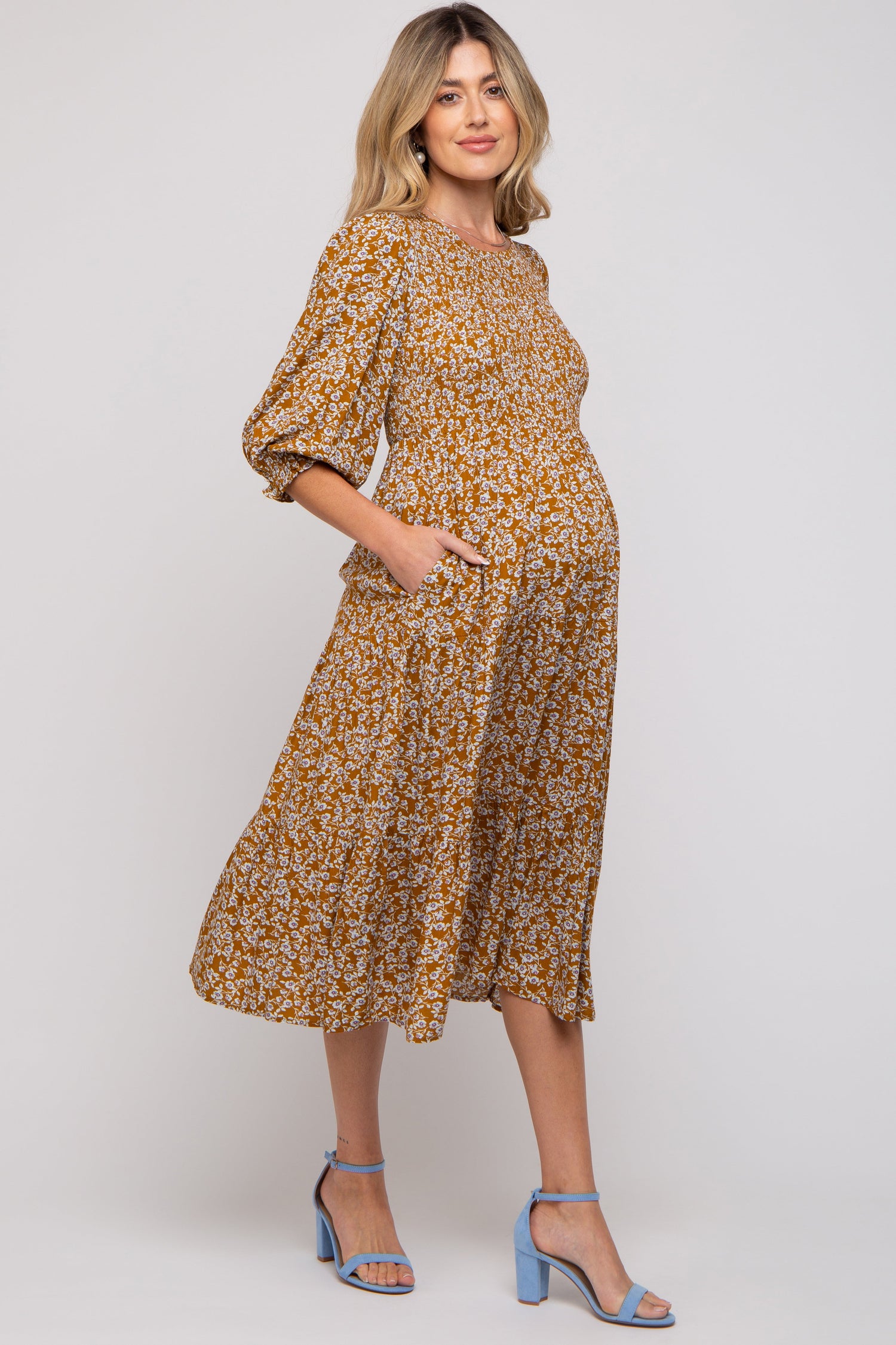Smocked 3/4 Sleeve Maternity Midi Dress - Camel Floral