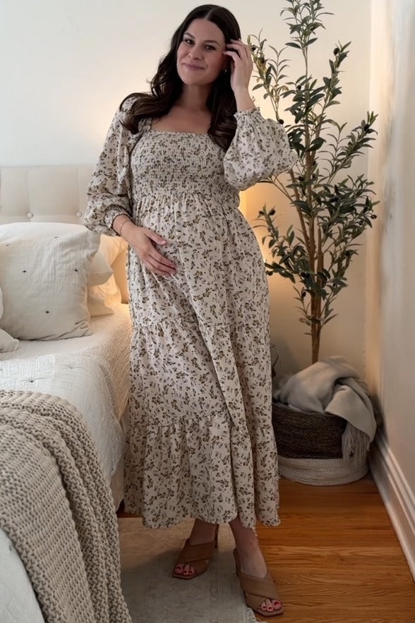 Smocked Long Sleeve Maternity Maxi Dress - Floral by PinkBlush (view 8 of 12)
