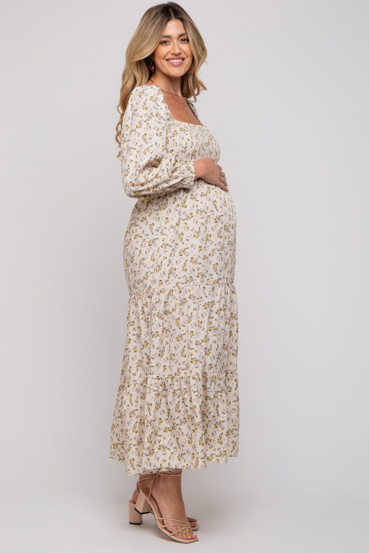 Smocked Long Sleeve Maternity Maxi Dress - Floral by PinkBlush (view 2 of 12)