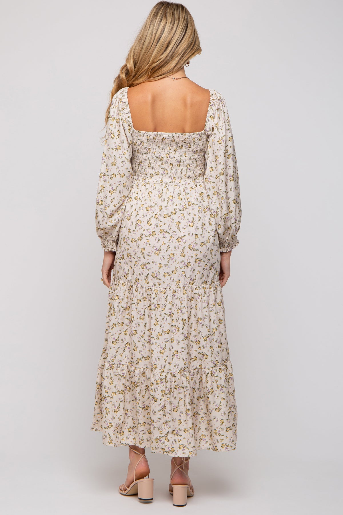 Smocked Long Sleeve Maternity Maxi Dress - Floral by PinkBlush (view 3 of 12)