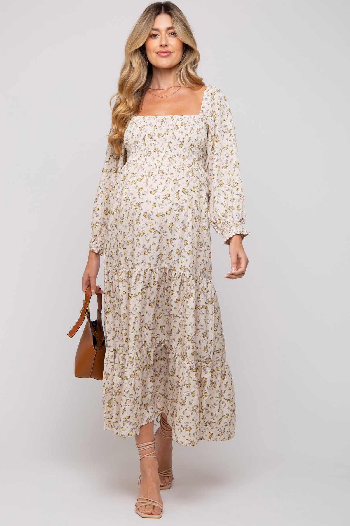 Smocked Long Sleeve Maternity Maxi Dress - Floral by PinkBlush (view 4 of 12)