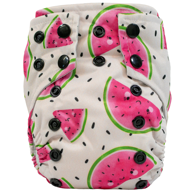 Tiny Tushies Newborn AIO cloth diaper with watermelon print and adjustable snaps.