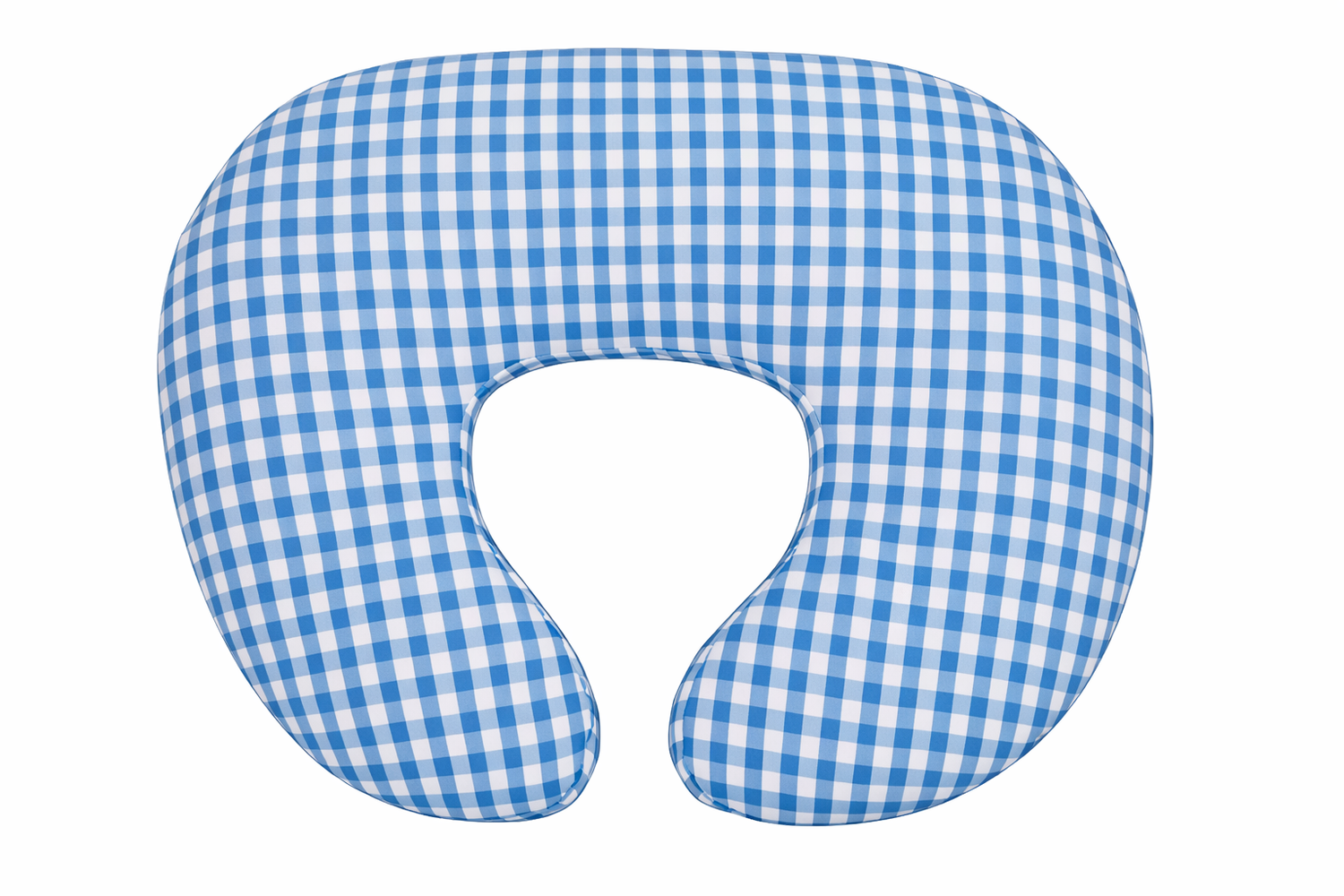 Blue gingham nursing pillow cover with a zipper closure, sized to fit a standard nursing pillow.