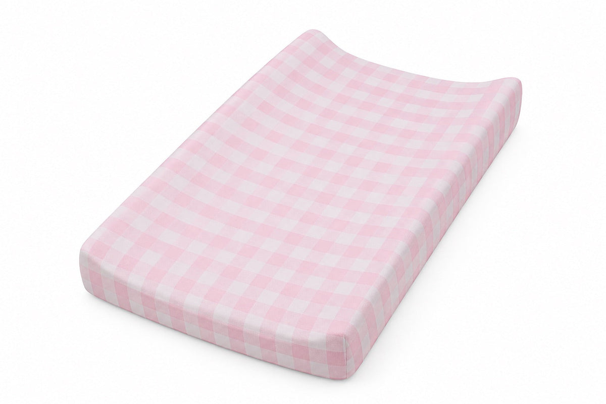 Light Pink Checkered Changing Pad Cover by Little Mae & Co