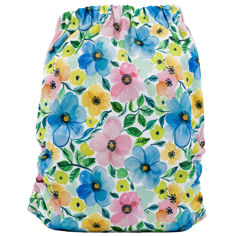 Slim Fit AIO Cloth Diaper with colorful floral print, designed for 8-40lbs, featuring breathable jersey and absorbent inserts.