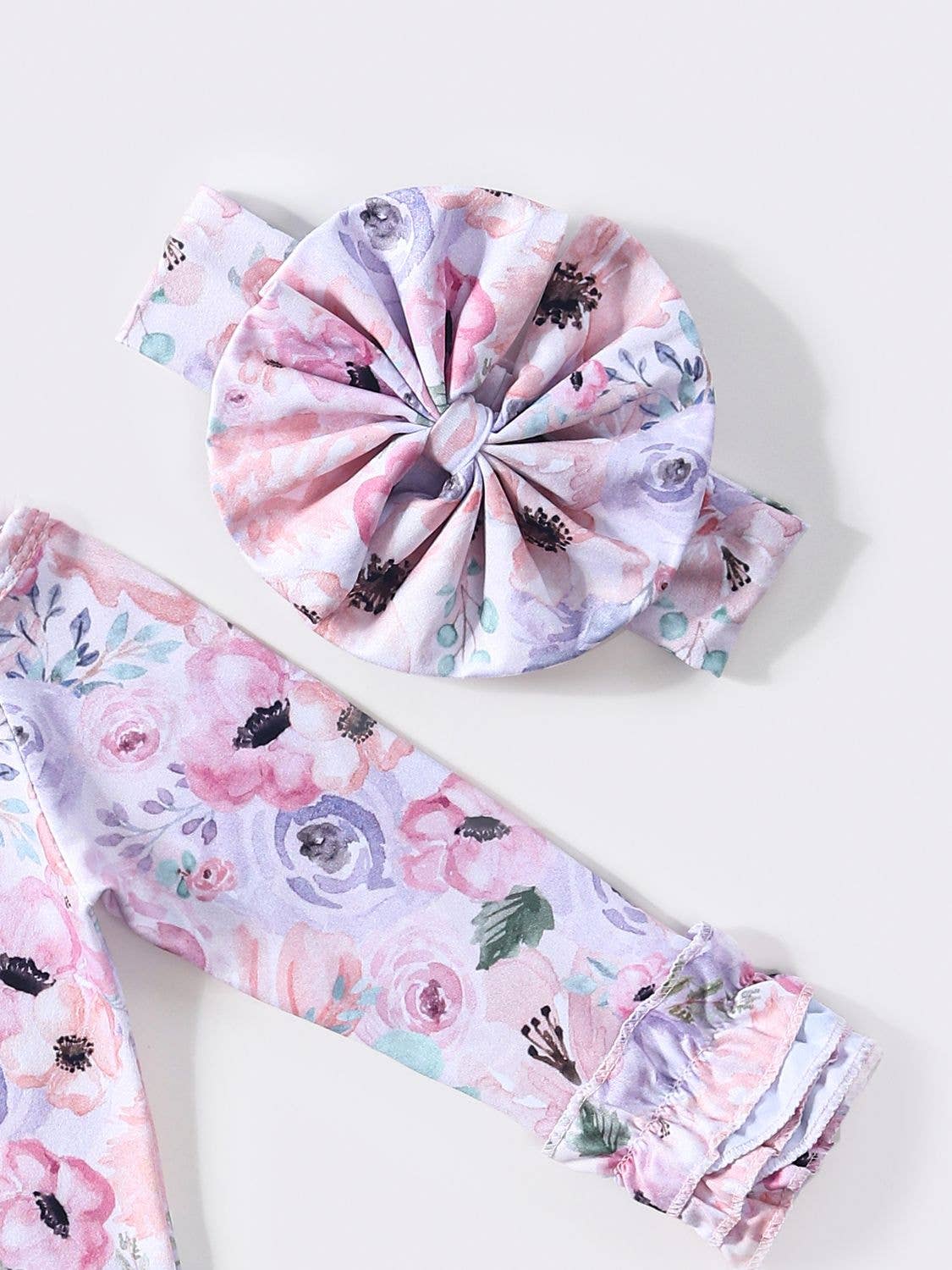 Organic Clover Cottage newborn flower canvas baby gown with matching headband.