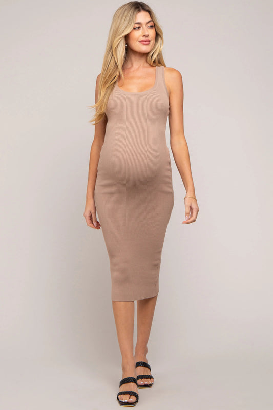 PinkBlush Mocha Fitted Knit Maternity Midi Dress with Square Neckline for Moms - Apparel & Accessories > Clothing > Dresses