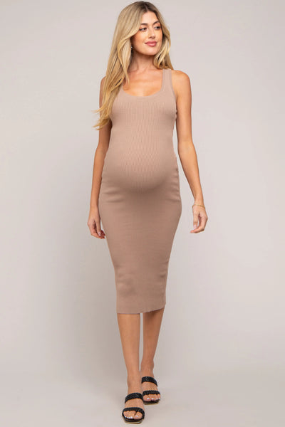 Mocha Fitted Knit Maternity Midi Dress with Square Neckline for Moms