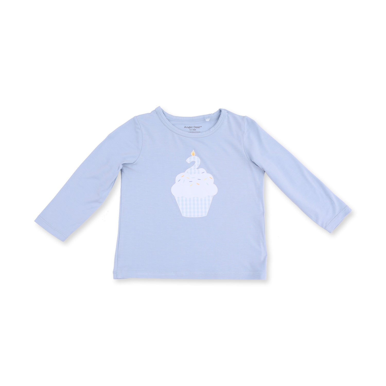 Long sleeve baby shirt with a birthday cupcake applique topped by a number 2 candle