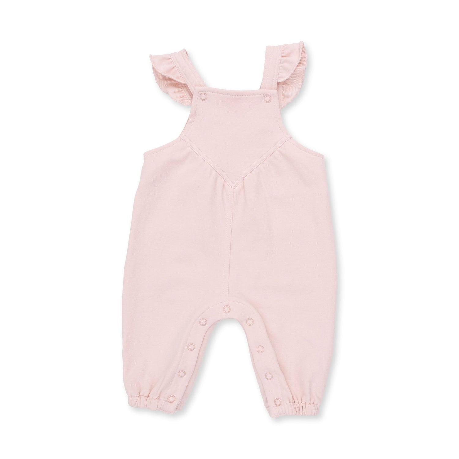 Baby ruffle V-overalls in solid veiled pink French terry with elastic cuffs at the ankles
