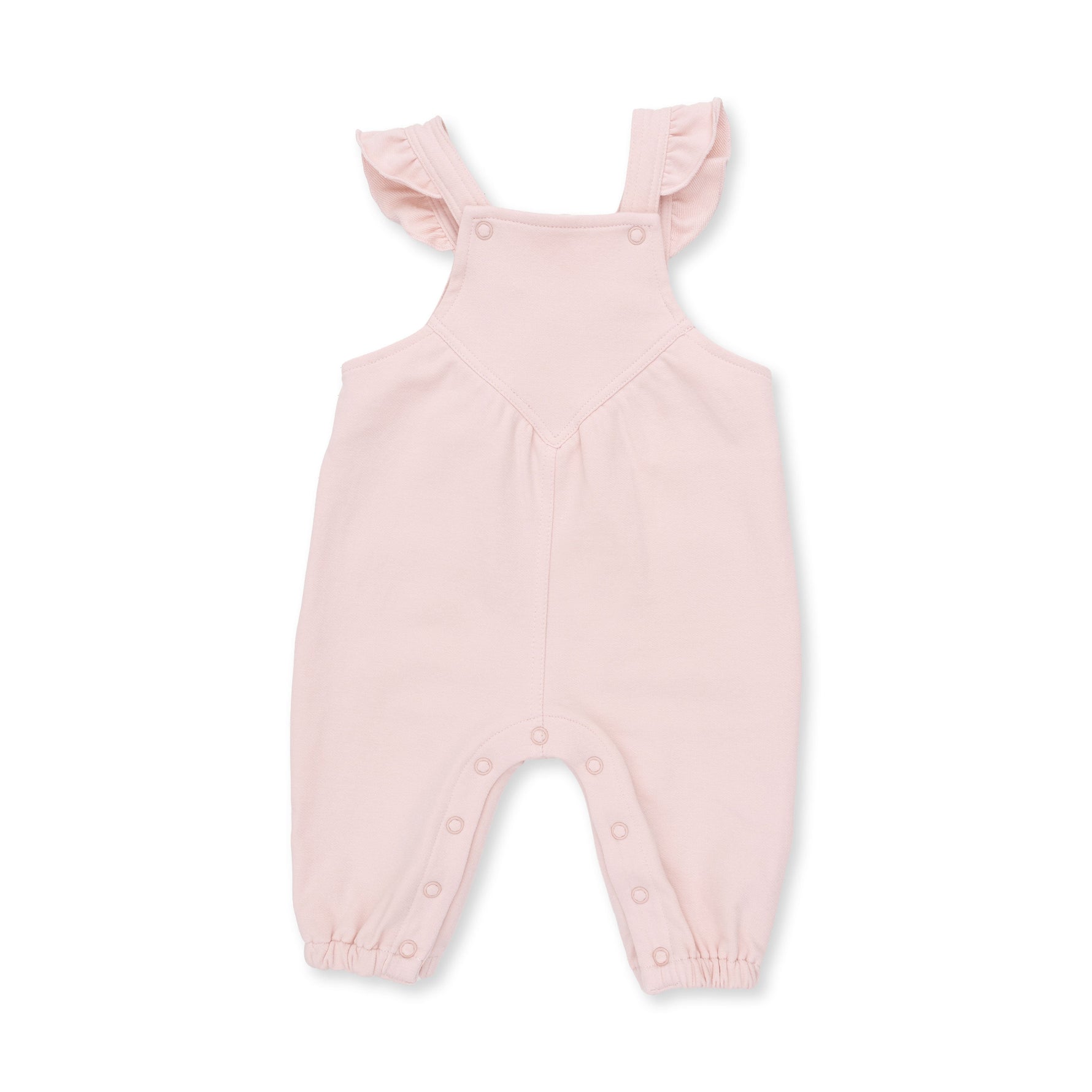 Baby ruffle V-overalls in solid veiled pink French terry with elastic cuffs at the ankles