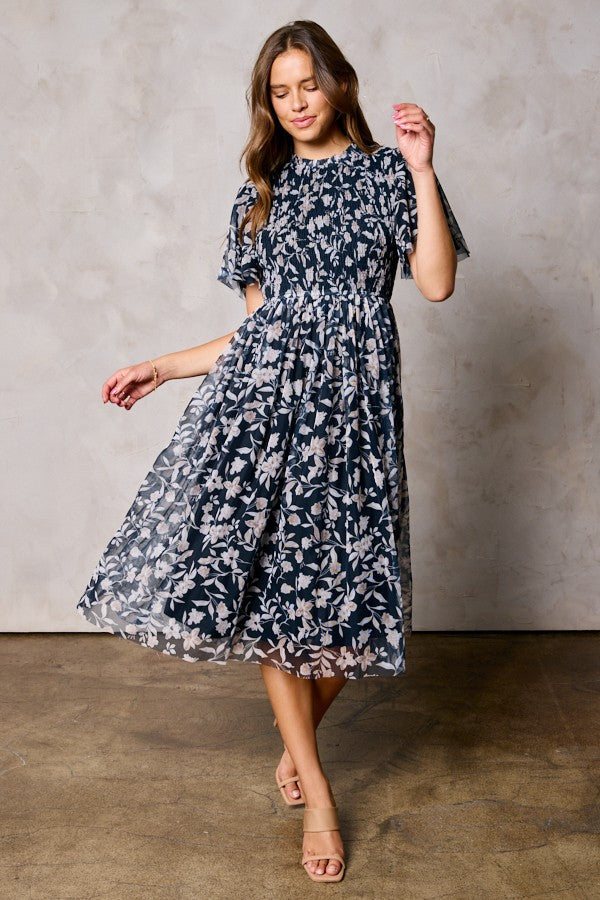 Smocked Mesh Knit Maternity Midi Dress - Black Floral by PinkBlush