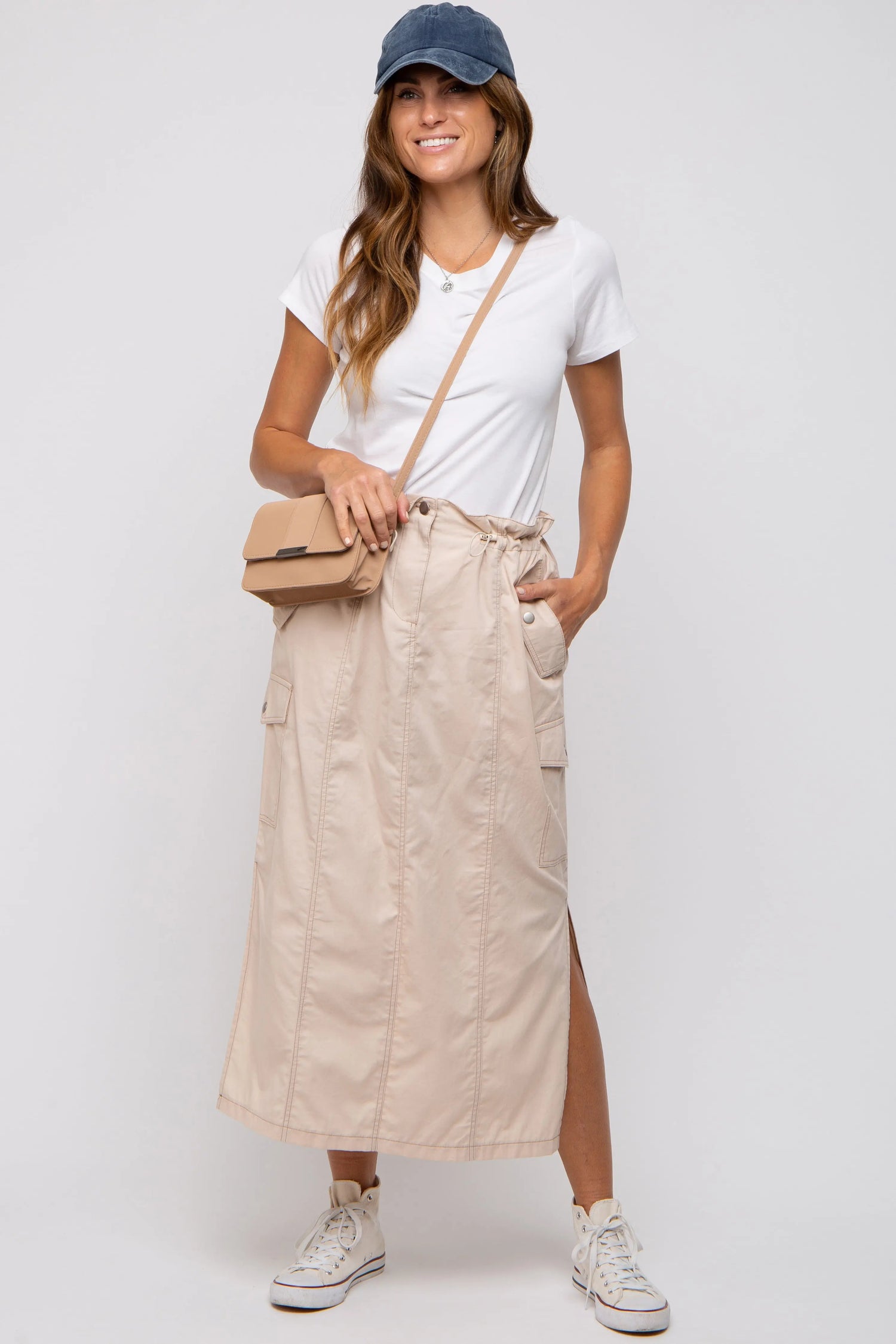 PinkBlush Beige Cargo Midi Skirt with Pockets and Adjustable Drawstring for Women - Apparel & Accessories > Clothing > Skirts Apparel & Accessories > Clothing > Dresses