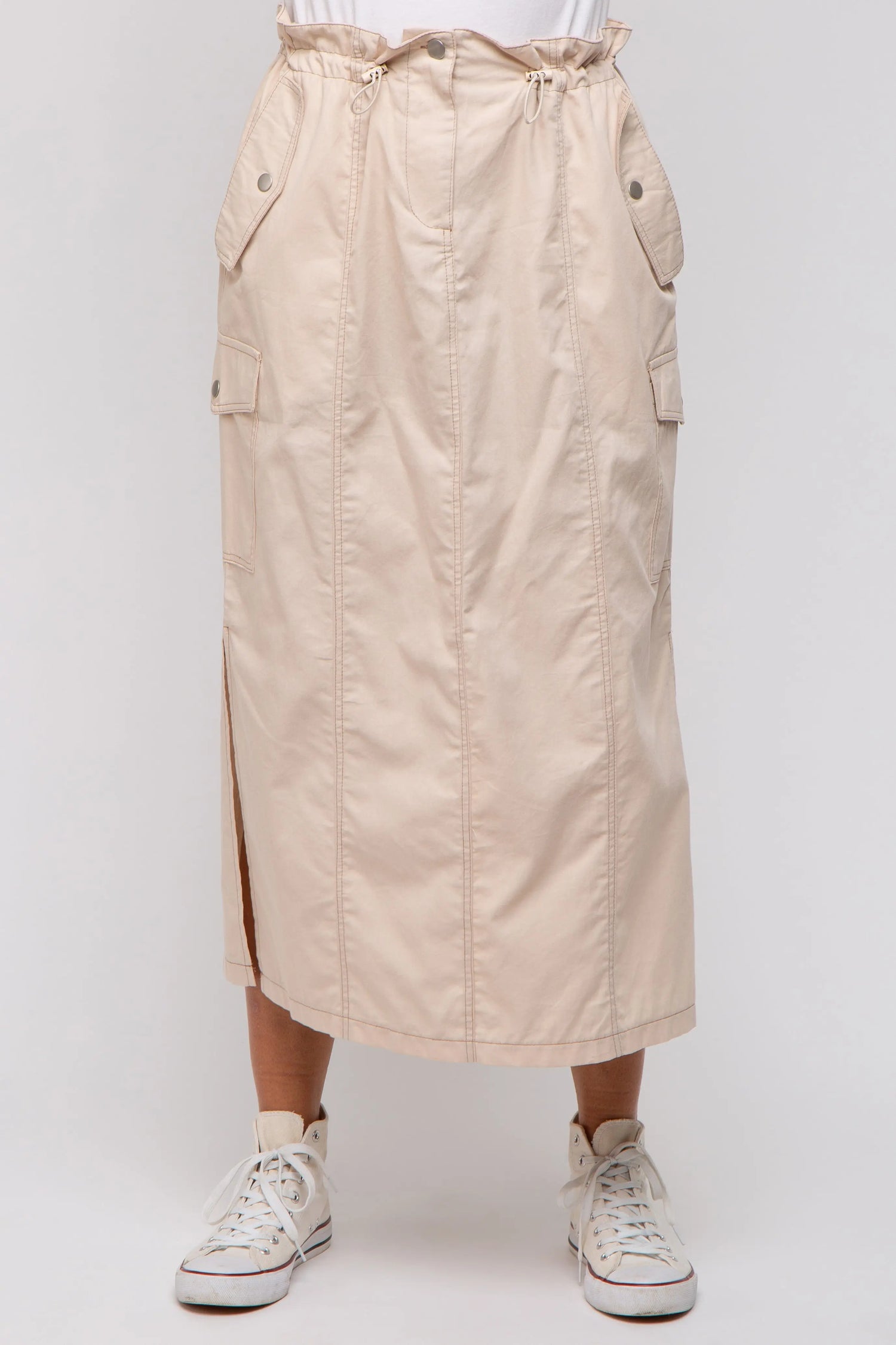 PinkBlush Beige Cargo Midi Skirt with Pockets and Adjustable Drawstring for Women - Apparel & Accessories > Clothing > Skirts Apparel & Accessories > Clothing > Dresses