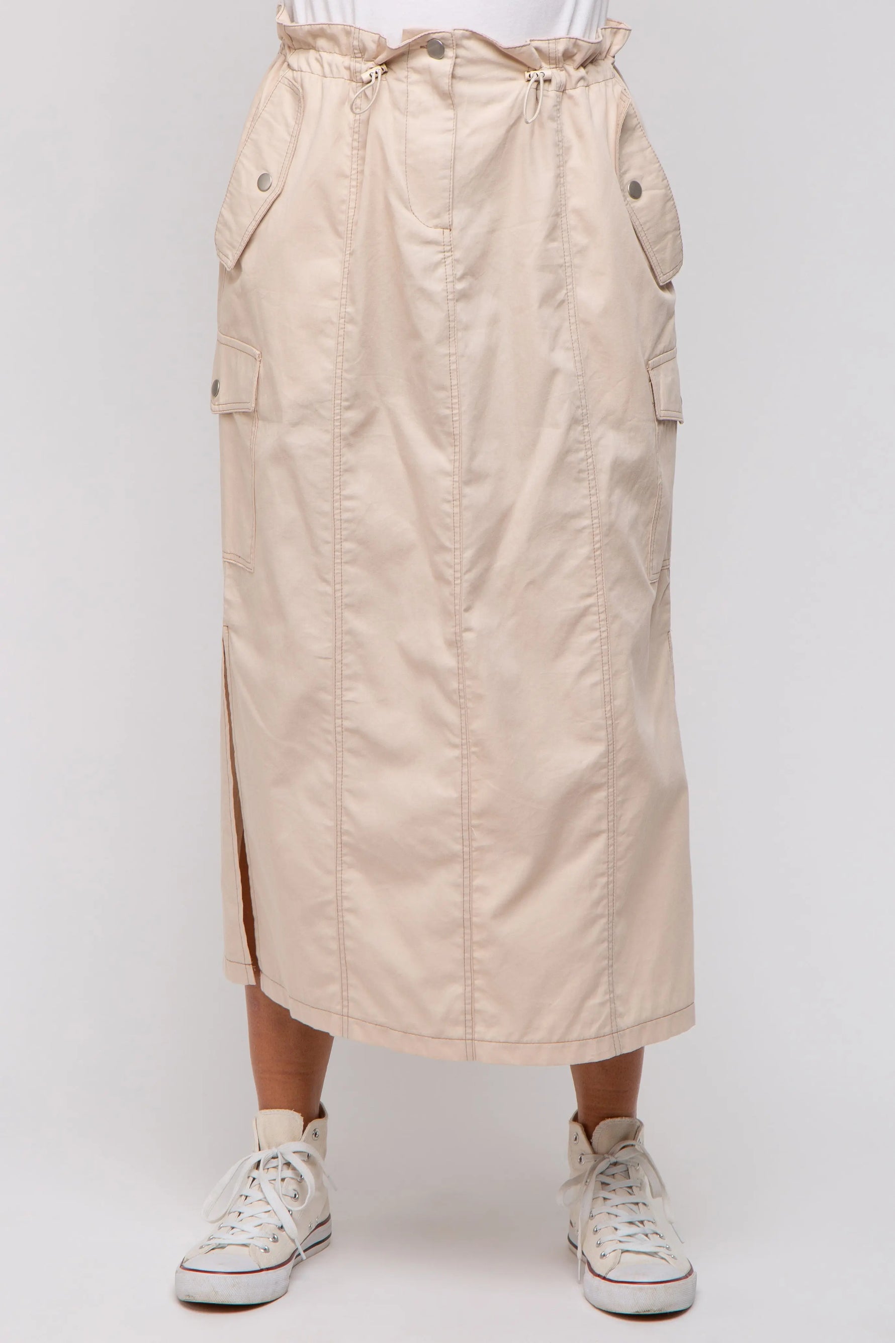 PinkBlush Beige Cargo Midi Skirt with Pockets and Adjustable Drawstring for Women - Apparel & Accessories > Clothing > Skirts Apparel & Accessories > Clothing > Dresses