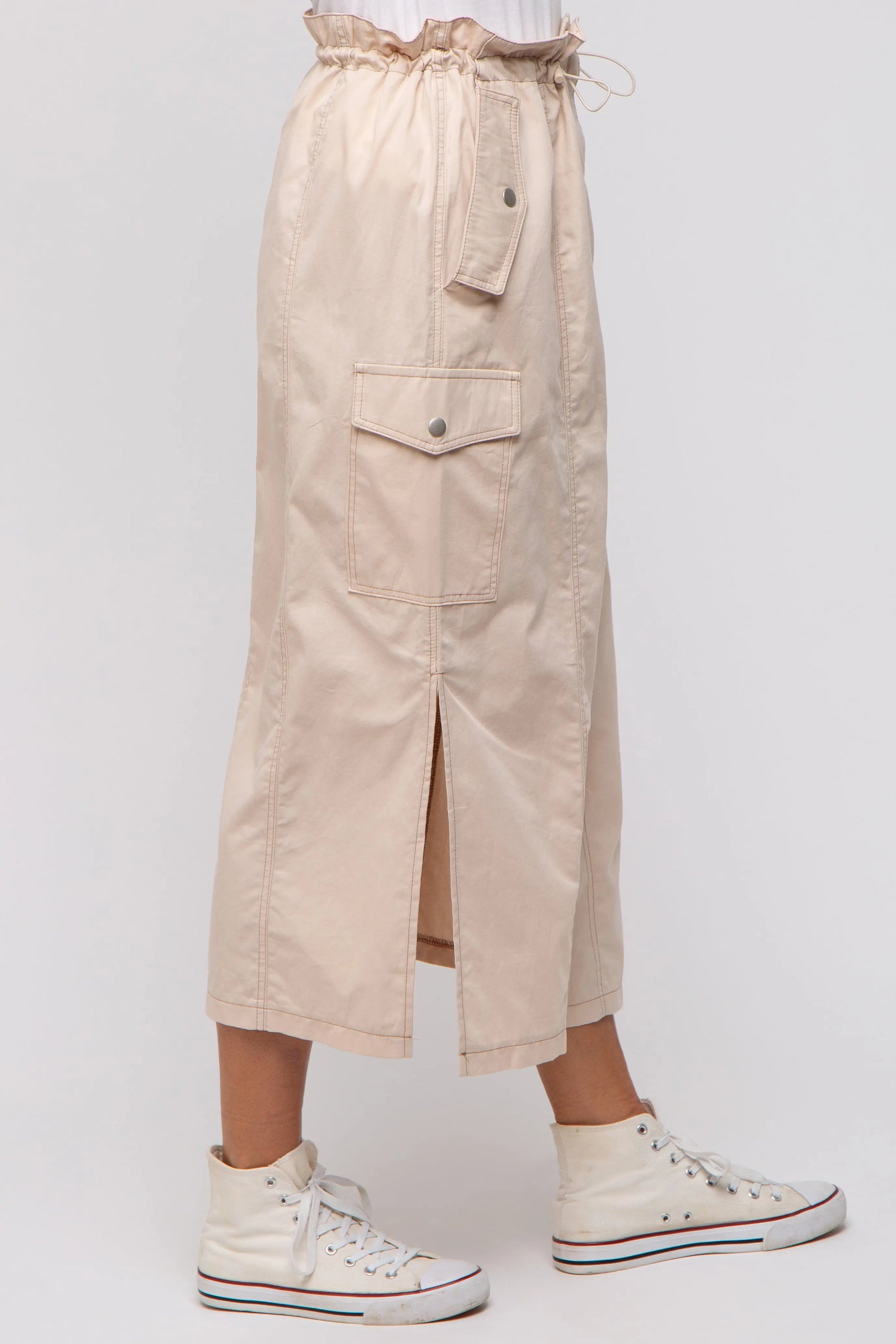 PinkBlush Beige Cargo Midi Skirt with Pockets and Adjustable Drawstring for Women - Apparel & Accessories > Clothing > Skirts Apparel & Accessories > Clothing > Dresses