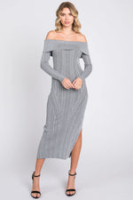 PinkBlush Elegant Grey Metallic Ribbed Off Shoulder Midi Dress with Side Slit for Fashionable Women - Apparel & Accessories > Clothing > Dresses