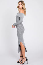 PinkBlush Elegant Grey Metallic Ribbed Off Shoulder Midi Dress with Side Slit for Fashionable Women - Apparel & Accessories > Clothing > Dresses