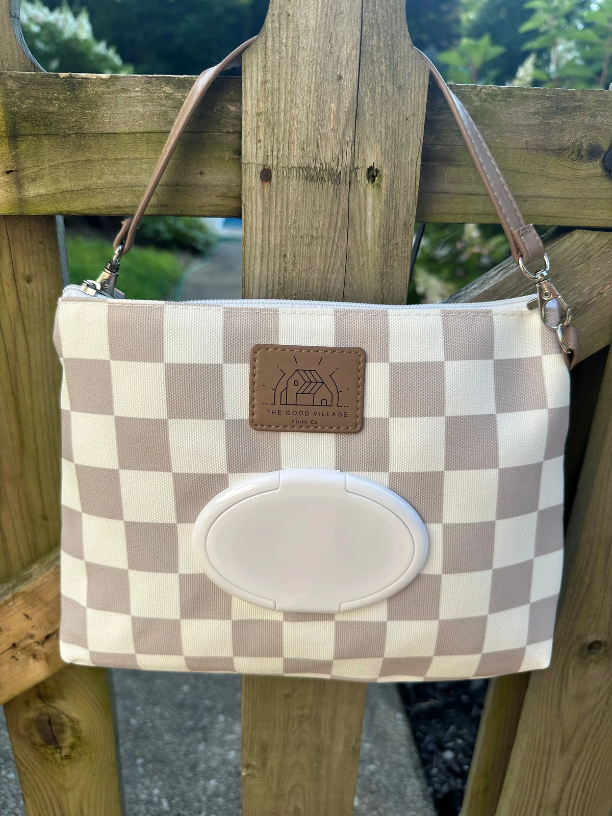 Wipes Clutch In Tan Check Multi Compartment Wet Bag For Diapering The Good Village Cloth Co. 
