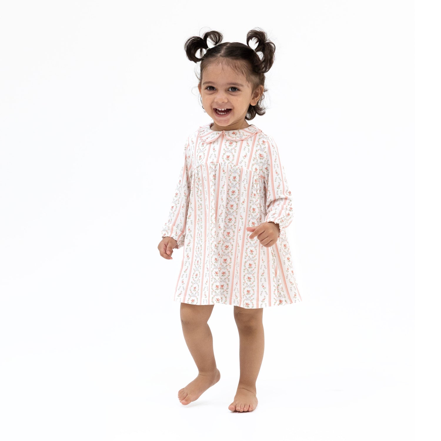Long sleeve dress with scalloped embroidered petal collar in rosebud stripe, shown with matching snap bloomer.