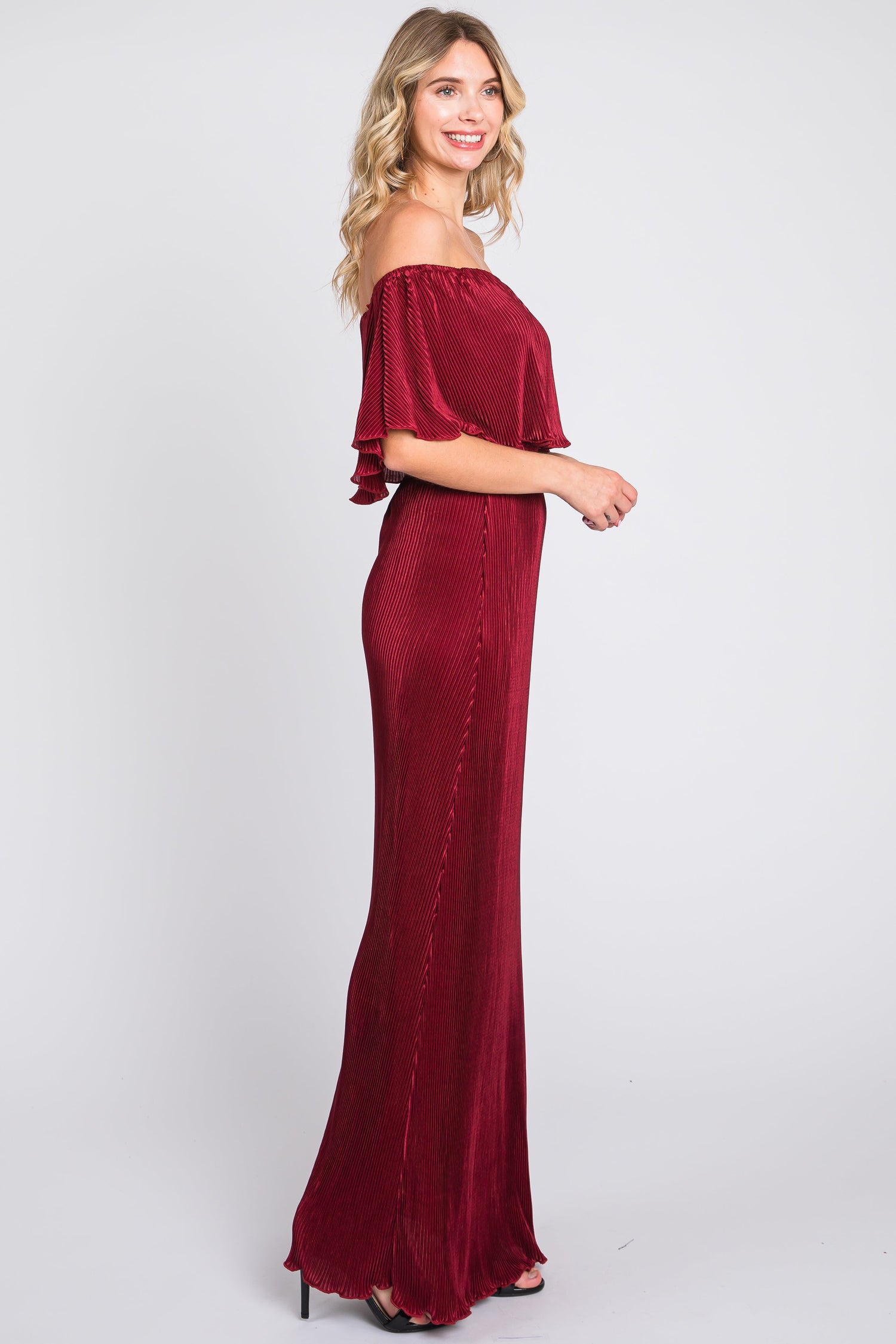 Pleated Ruffle Off Shoulder Maxi Dress