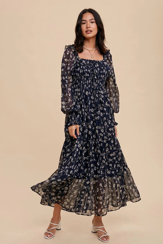 PinkBlush PinkBlush Navy Blue Floral Ruffle Maxi Dress with Puff Sleeves for Women - Apparel & Accessories > Clothing > Dresses