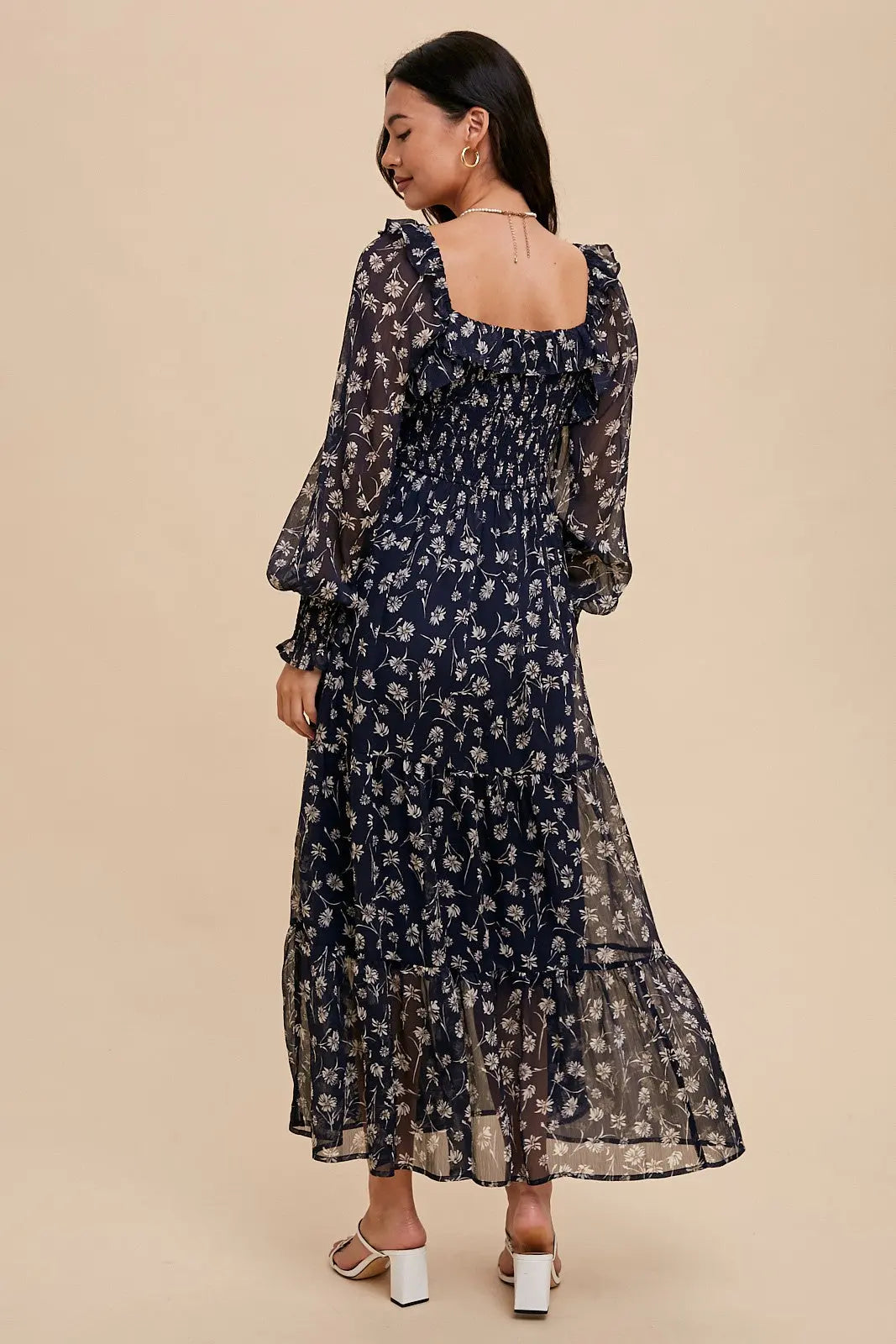 PinkBlush PinkBlush Navy Blue Floral Ruffle Maxi Dress with Puff Sleeves for Women - Apparel & Accessories > Clothing > Dresses