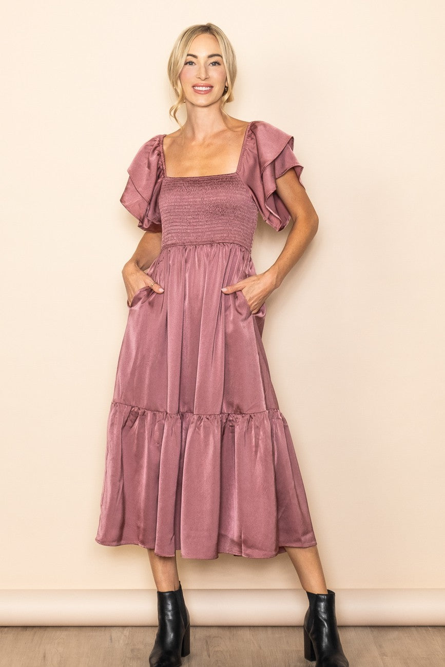Mauve Satin Flutter Sleeve Maternity Midi Dress by PinkBlush at Everetts Place