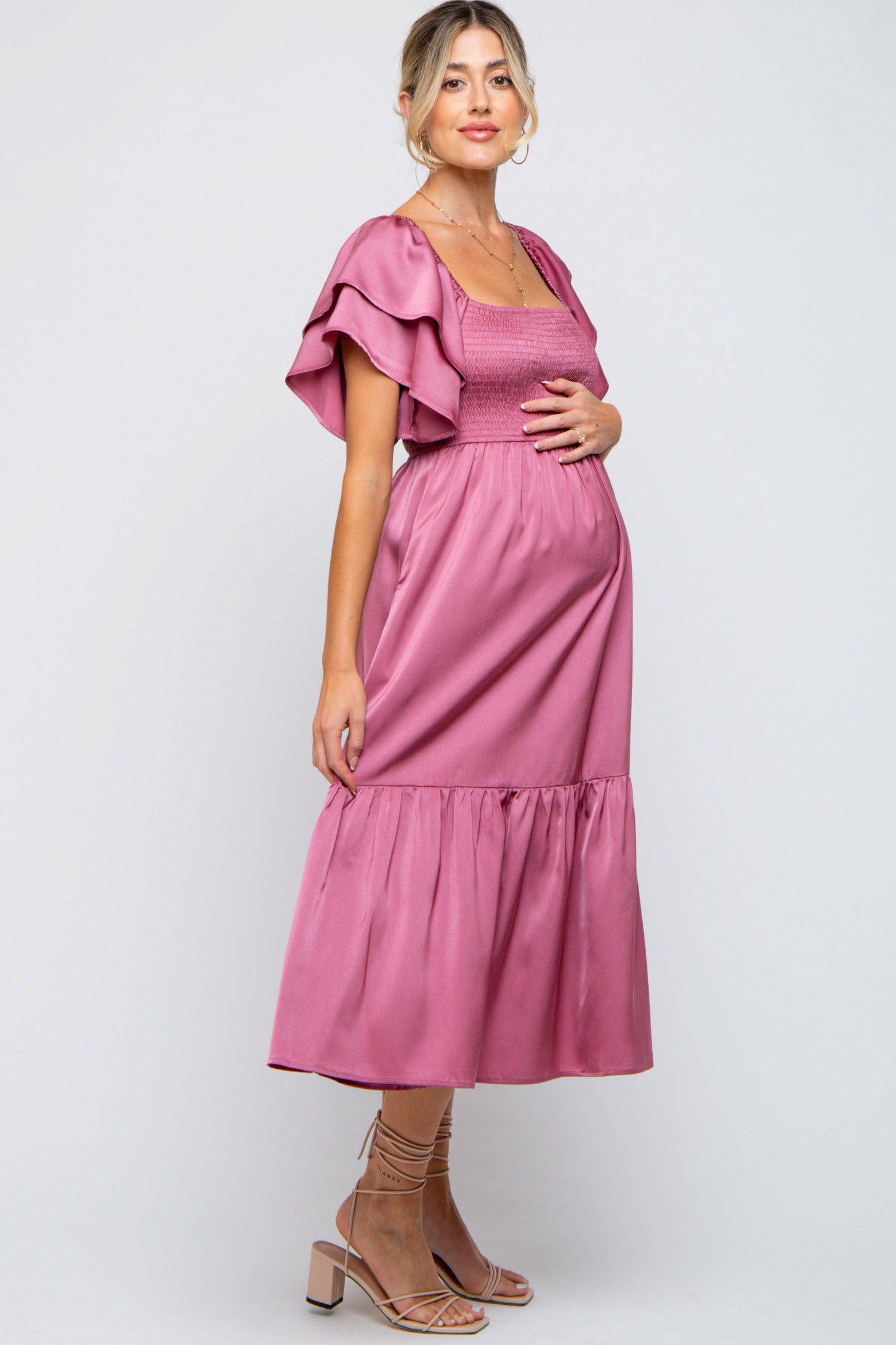 Mauve Satin Flutter Sleeve Maternity Midi Dress by PinkBlush at Everetts Place