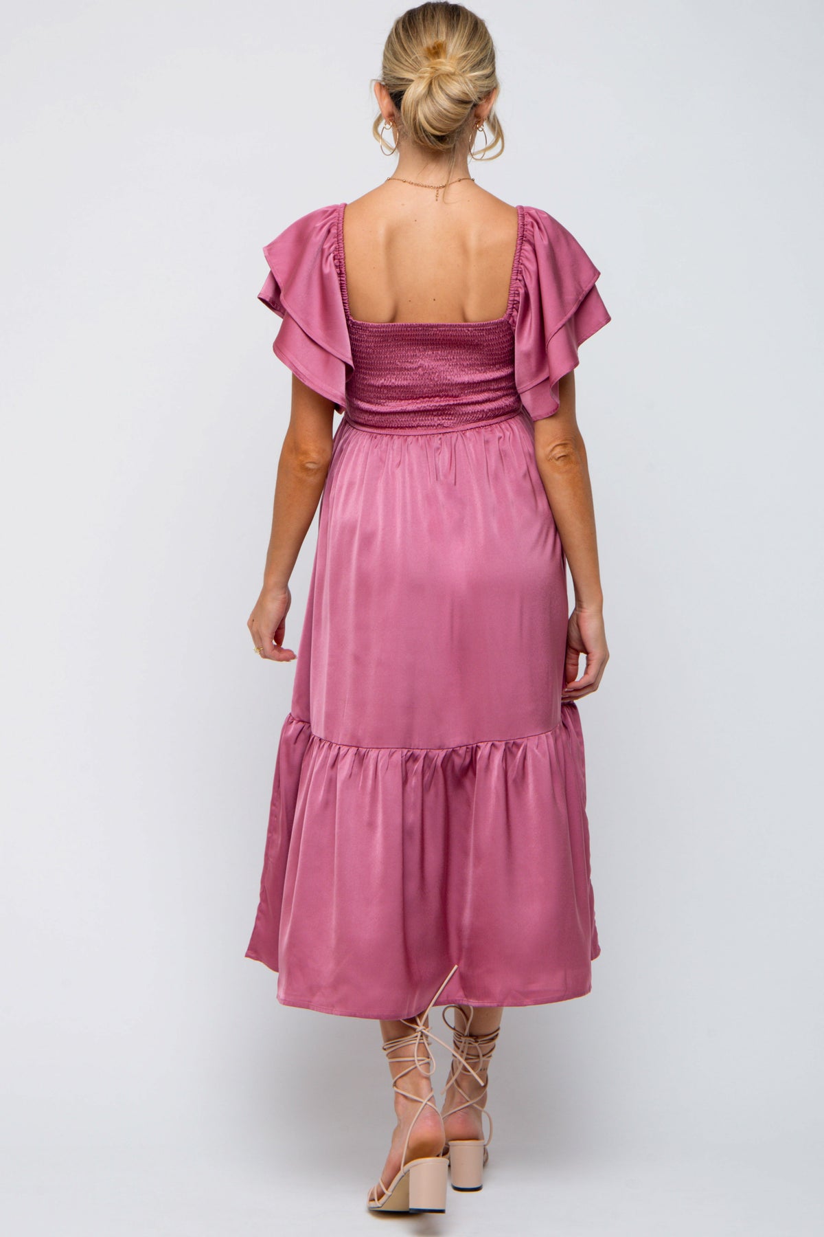 Mauve Satin Flutter Sleeve Maternity Midi Dress by PinkBlush at Everetts Place